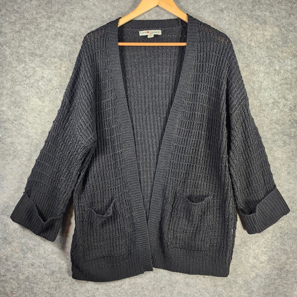 Love Change‎ Italy Cardigan Women Medium Black Open Knit Pockets Cuffed Sleeve